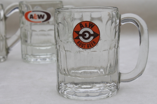 Vintage A&W root beer mugs, glass mug lot w/ different old A & W advertising logos