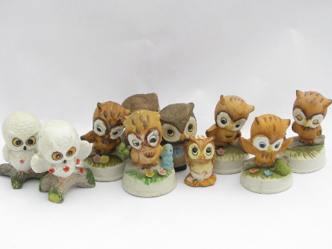 Vintage baby owl figurine lot, retro 70s porcelain owls, owlets