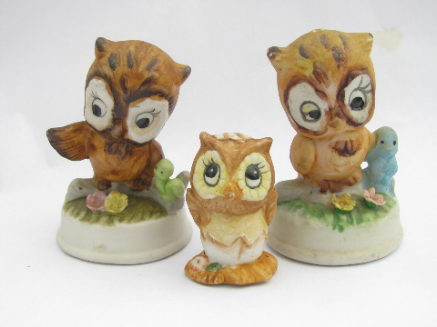 Vintage baby owl figurine lot, retro 70s porcelain owls, owlets