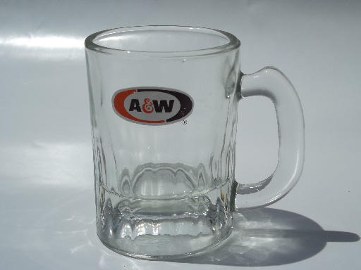 Vintage baby size A & W root beer glass mugs, embossed and print logos