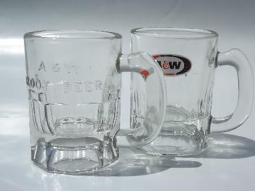 Vintage baby size A & W root beer glass mugs, embossed and print logos