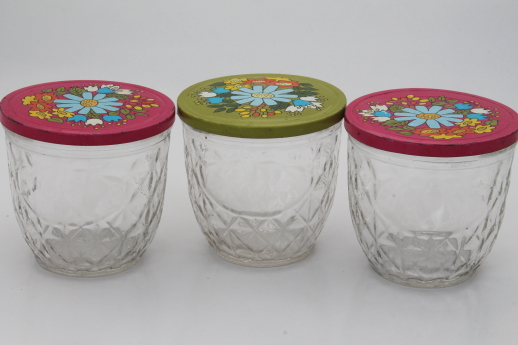 Vintage Ball quilted crystal glass jelly jars w/ retro flower print lids