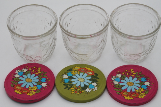 Vintage Ball quilted crystal glass jelly jars w/ retro flower print lids