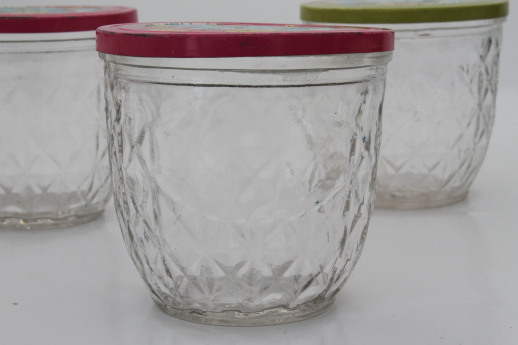 Vintage Ball quilted crystal glass jelly jars w/ retro flower print lids