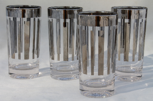 Vintage bar glass set w/ wide silver stripes, mid century mod drinking glasses
