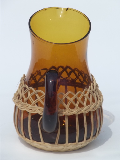 Vintage basket bottle pitcher, amber glass wine pitcher made in Spain