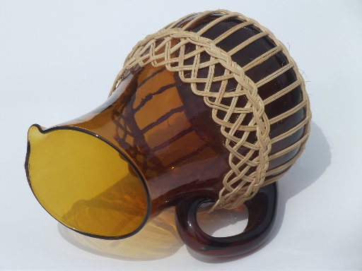 Vintage basket bottle pitcher, amber glass wine pitcher made in Spain