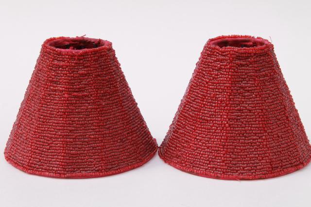 vintage beaded glass lamp shades, pair cranberry red glass bead lampshades 