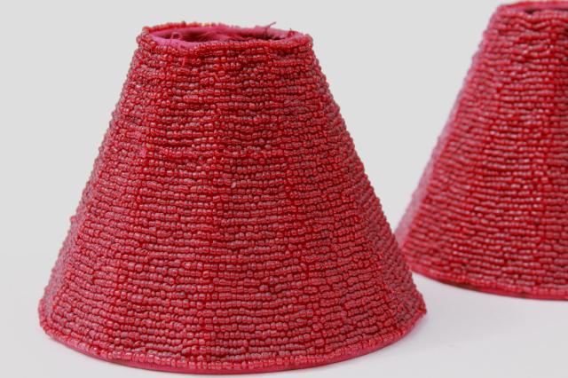 vintage beaded glass lamp shades, pair cranberry red glass bead lampshades 