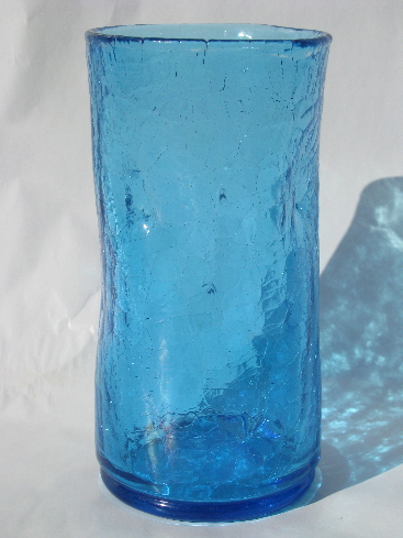 Vintage Blenko blue crackle glass, 12 pinch tumblers, tall mod decanter