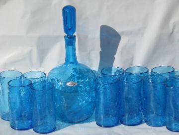 Vintage Blenko blue crackle glass, 12 pinch tumblers, tall mod decanter