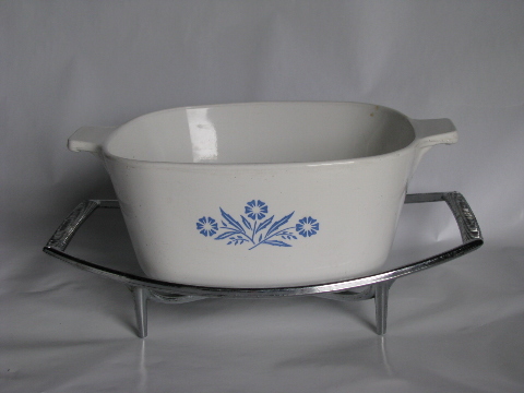 Vintage blue cornflower Corningware, lot casserole dishes, trivets, handle