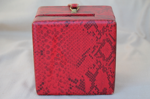 Vintage box bag purse or vanity train case in retro red & black python print