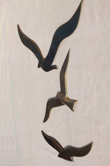 vintage brass wall art, flying gulls seagull birds, nautical / beach house decor
