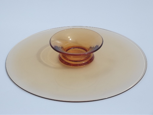 Vintage cake stand, low footed pedestal plate, Fostoria amber glass