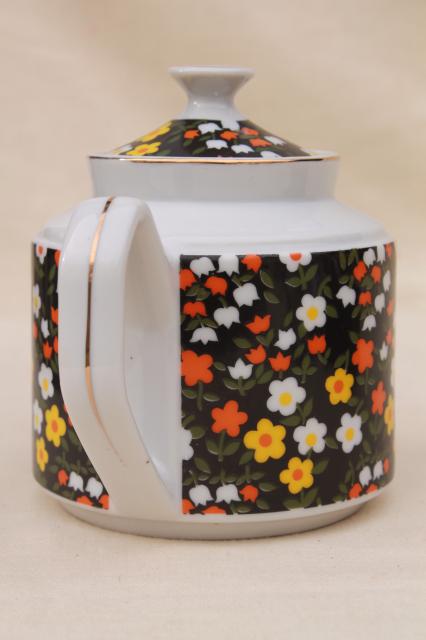 vintage calico chintz china teapot w/ retro flowers, 60s 70s Japan
