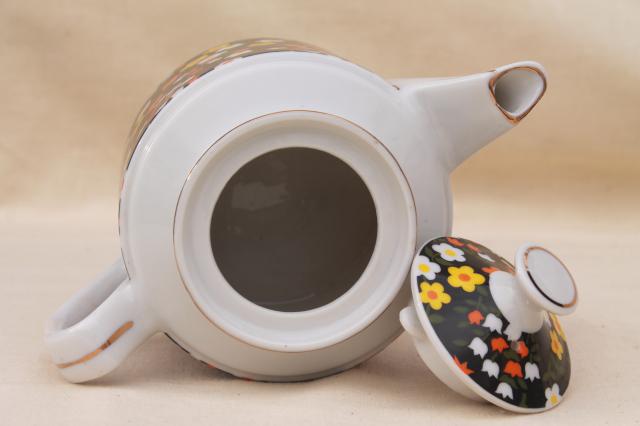 vintage calico chintz china teapot w/ retro flowers, 60s 70s Japan
