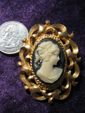 Vintage cameos lot, cameo pins & earrings, glass intaglio pendant necklace