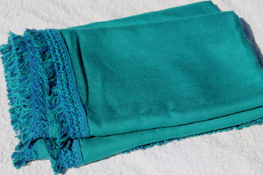 Vintage Cannon bedspread, 60s turquoise linen weave twin bed spread with blue green fringe