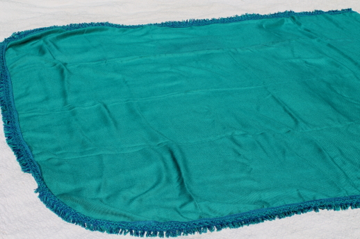 Vintage Cannon bedspread, 60s turquoise linen weave twin bed spread with blue green fringe