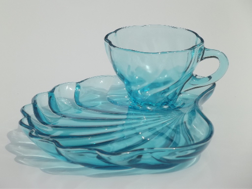 Vintage Capri blue glass snack sets, swirled seashell shape cups & plates