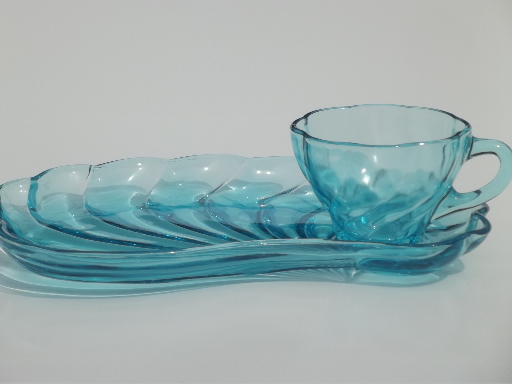 Vintage Capri blue glass snack sets, swirled seashell shape cups & plates