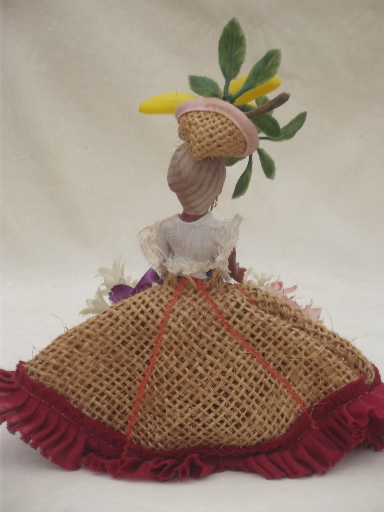 Vintage Carmen Miranda doll w/ plastic fruit basket, St. Thomas souvenir doll