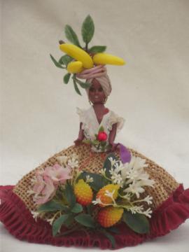Vintage Carmen Miranda doll w/ plastic fruit basket, St. Thomas souvenir doll