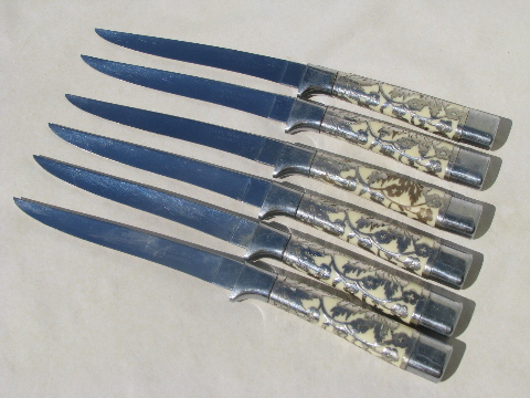 Vintage Carvel Hall - Briddell steak knives set, silver overlay floral handles
