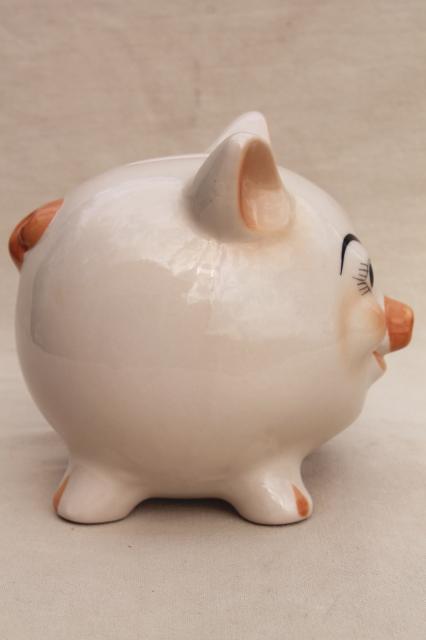 vintage ceramic piggy bank, white yorkshire pig, cute moon face pig coin saving bank