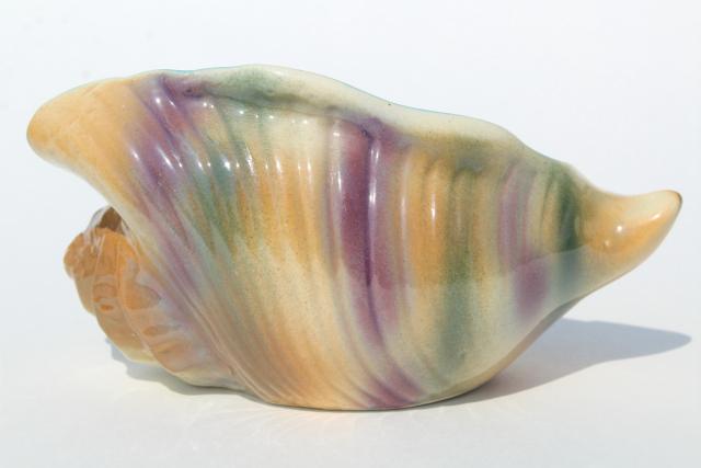 vintage ceramic seashell planter, orange, aqua, lavender conch shell, mid-century retro