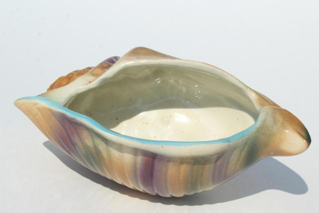 vintage ceramic seashell planter, orange, aqua, lavender conch shell, mid-century retro
