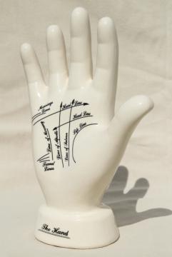 vintage china hand, palmistry fortune telling palm reader display form w/ life lines