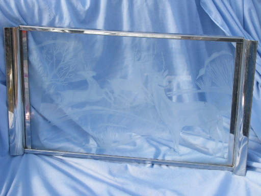 Vintage chrome / etched glass tray for bar glasses, art deco stag deer