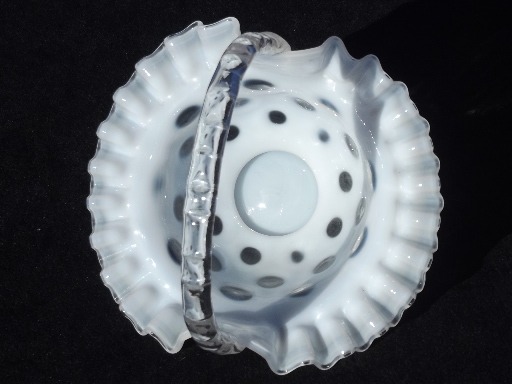 Vintage coin spot glass brides basket flower vase, white opalescent