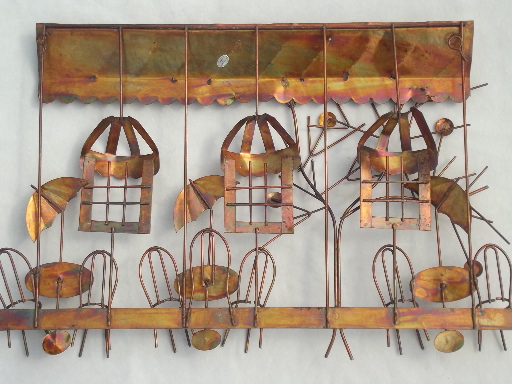 Vintage copper metal wall art sculpture, sidewalk cafe bistro tables