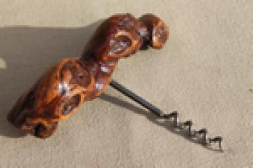 Vintage corkscrew w/ rustic knarled briar wood stick handle