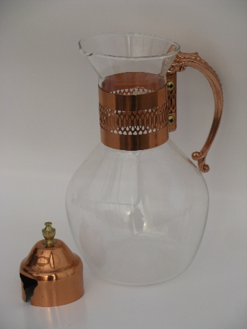 Vintage Corning glass bottle carafe, retro 60s copper handle pitcher
