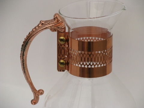 Vintage Corning glass bottle carafe, retro 60s copper handle pitcher