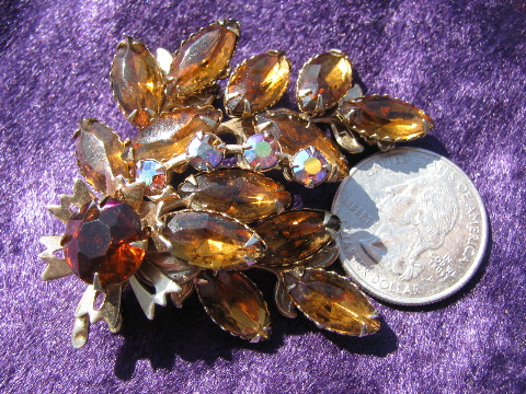 Vintage costume jewelry lot, colored rhinestone pins, flower brooches