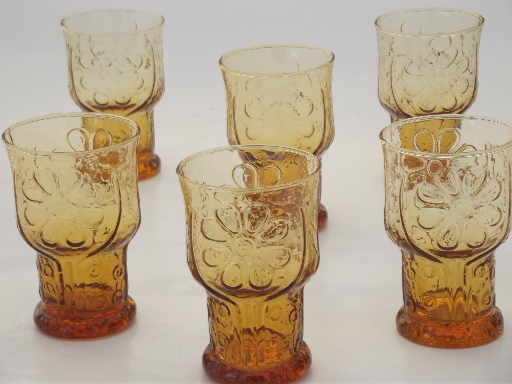 Vintage Country Garden drinking glasses, retro amber Libbey glass tumblers