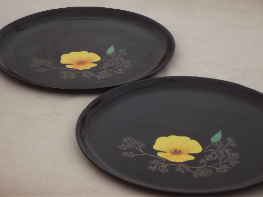 Vintage Couroc  trays or plates, mod yellow poppy inlay on lacquer black