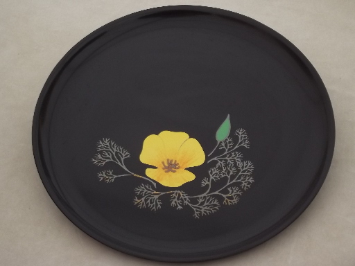 Vintage Couroc  trays or plates, mod yellow poppy inlay on lacquer black