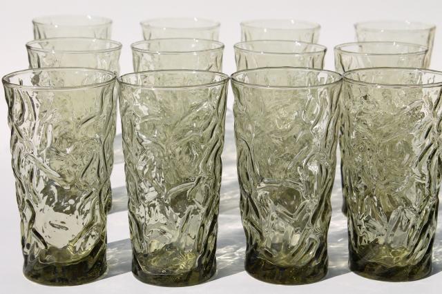 vintage crinkle textured glass tumblers, smoke green dusk Bryce El Rancho drinking glasses