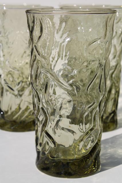 vintage crinkle textured glass tumblers, smoke green dusk Bryce El Rancho drinking glasses