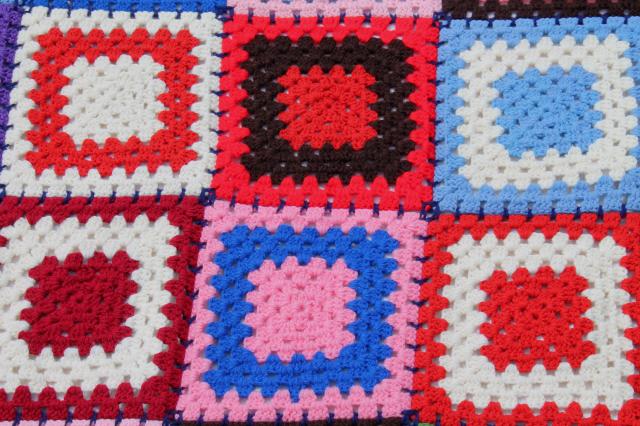 vintage crochet afghan blanket, big bright granny square blocks - very retro!