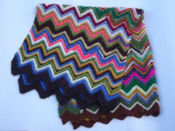 Vintage crochet afghan blanket, chevron stripes in crazy retro scrap colors