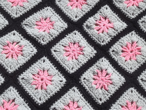 Vintage crochet granny afghan, grannies in grey & pink w/ black border