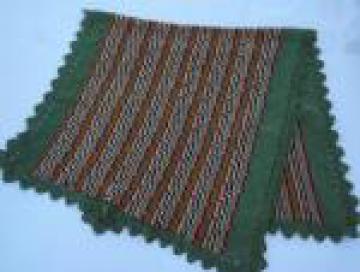 Vintage crocheted afghan blanket, retro stripes, chunky yarn lace trim