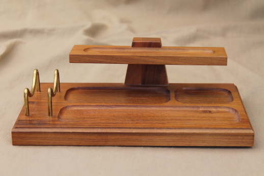 Vintage danish modern desk tray, walnut wood organizer w/ wire letter rack